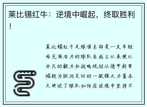 莱比锡红牛：逆境中崛起，终取胜利！
